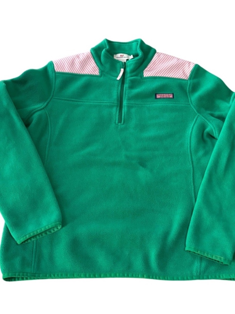 Vineyard Vines quarter-zip fleece pullover in green with contrasting pink stripe